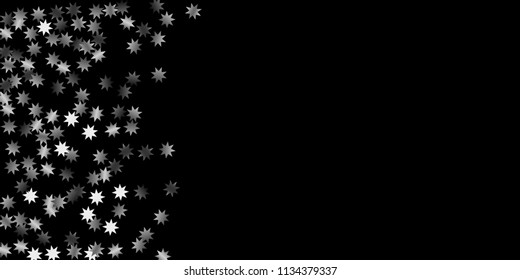 Abstract silver star of confetti. Falling starry background. Random stars shine on a black background. The dark sky with shining stars.  Suitable for your design, cards, invitations, gifts. 