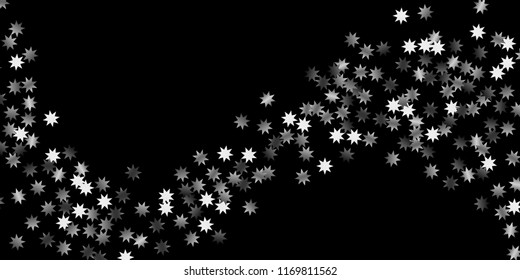 Abstract silver star of confetti. Falling starry background. Random stars shine on a black background. The dark sky with shining stars.  Suitable for your design, cards, invitations, gifts. 