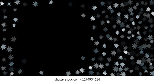 Abstract silver star of confetti. Falling starry background. Random stars shine on a black background. The dark sky with shining stars.  Suitable for your design, cards, invitations, gifts. 