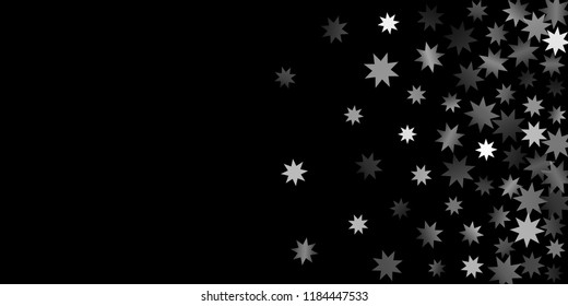 Abstract silver star of confetti. Falling starry background. Random stars shine on a black background. The dark sky with shining stars.  Suitable for your design, cards, invitations, gifts. 