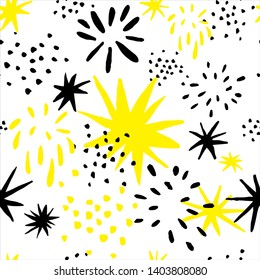 abstract simeless handrawn pattern with stars and fireworks. for backgrounds, cards, posters, textile, walls. handdravn vector objects