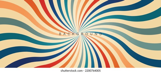 Abstract simple 70s background vector. Vintage retro style wallpaper with swirl lines, spiral, sunburst, sunray. 1970 color illustration design suitable for poster, banner, decorative, wall art.