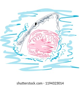 Abstract Simple Art Handmade Drawing Great White Shark Isolated on White