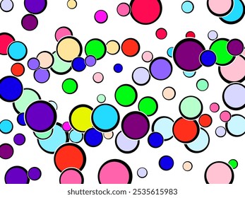 Abstract simple background with beautiful multi-colored circles or balls in flat style like paint bubbles in water.   Green background. blue wallpaper. foam balls.