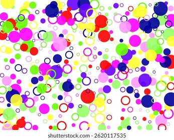 Abstract simple background with beautiful multi-colored circles or balls in flat style like paint bubbles in water. Black Vector Spot Polkadot. Small Pattern Cute Summer.