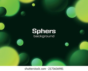 Abstract simple background with green and light green matte spheres isolated on dark. Vector illustration. Banner design with floating bubbles in 3d style. 