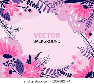 Abstract simple background with leaves, flowers and plants. Vector illustration? floral banner, cover design, poster in trendy flat style and bright colors