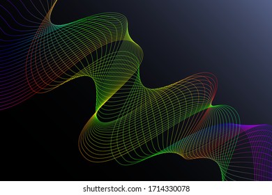 Abstract simple background rainbow line effect on black gradient backdrop. Universal colorful linear abstraction flat style.