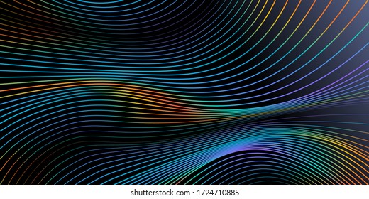 Abstract simple background rainbow line effect on black gradient backdrop. Universal colorful linear abstraction flat style.