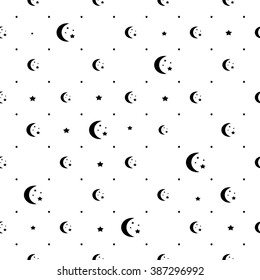 Abstract simple background with seamless black and white pattern of astrological elements - young moon with stars and constellation in vector. White isolated background with simple sky design