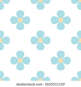 Abstract simple background, summer theme. Seamless pattern with blue flowers. Summer texture. A set of vector drawings of a cute child.