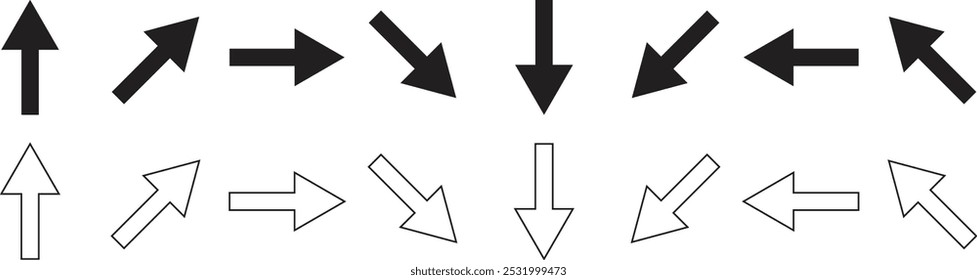 vetor de seta preta simples abstrato, design de símbolo de direção diferente.