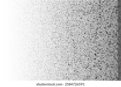 Abstract simple black halftone texture consists of random dispersed square dots on a white background. Geometric pixel vector shape elements pattern for presentation design or banner