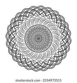 Abstract simple black line spiral mandala design in white background.