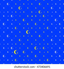 Abstract simple blue background with cute seamless pattern of stars, moon and dots in vector