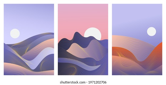 Abstract simple blue waves in minimal gradient nature landscape vector illustration set. Minimalist wavy night scenery and purple sky in vertical modern template background for social media stories