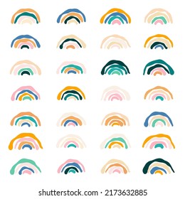 Abstract simple boho rainbows set. Tremulous hand drawn line arch collection. Scandinavian kids style elements for nursery decoration, baby accessories, party invitation, postcard vector illustration