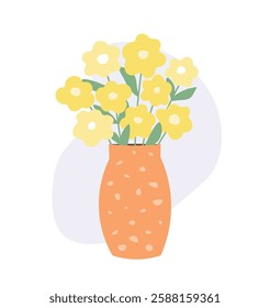 Abstract simple bouquet with flowers in a vase. Vector flat graphics.