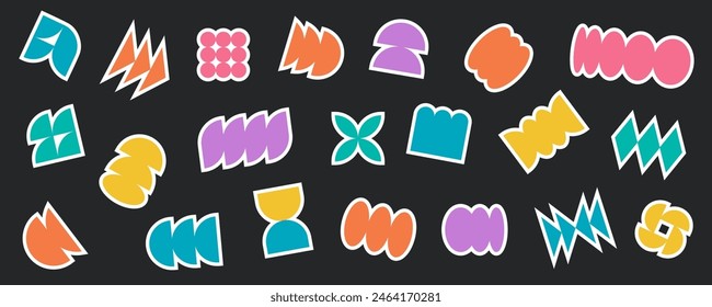 Abstract simple brutalism sticker shape set, vintage trendy funky icon for y2k poster and banner art, geometric bold groovy form in trendy 90s design, minimal futuristic brutalist sign illustration,