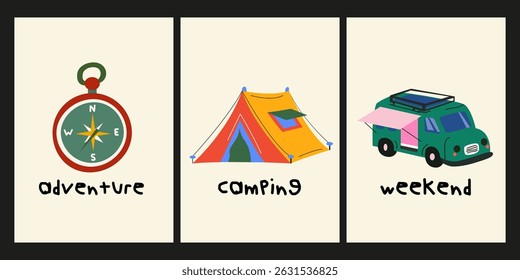 Abstract simple camping posters collection. Nature outdoor adventure retro illustration for summer travel camp. Advertising, flyer for mountain and forest tours