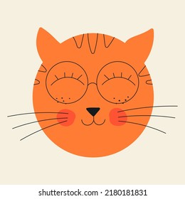 Abstract simple cat face. Ginger smiling cute red haired cat with big eyeglasses. Vector hand drawn illustration. Flat line art design