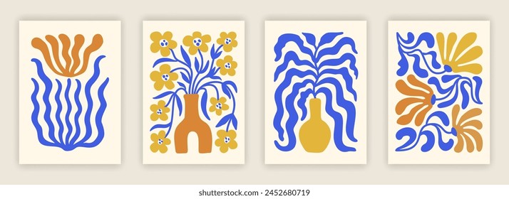 Abstract simple colorful flower and leaf composition set. Contemporary art interior poster designs. Naive drawing EPS 10 vector background collection.