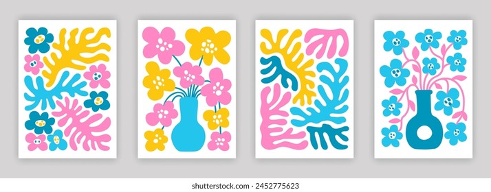 Abstract simple colorful flower and leaf composition set. Contemporary art interior poster designs. Naive drawing EPS 10 vector background collection.
