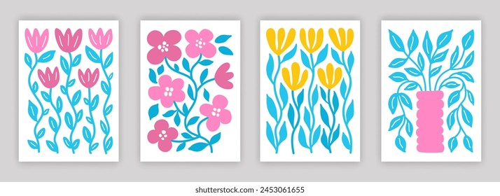 Abstract simple colorful flower and leaf composition set. Contemporary art interior poster designs. Naive drawing EPS 10 vector background collection.