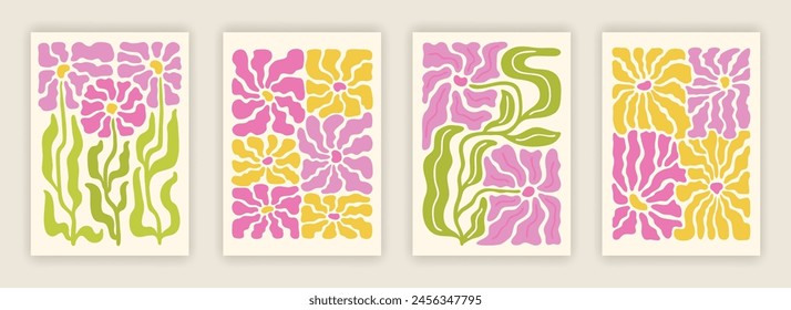 Abstract simple colorful flower and leaf composition set. Modern art interior poster designs. Naive drawing EPS 10 vector background collection.