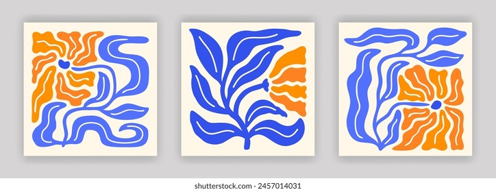 Abstract simple colorful flower and leaf composition set. Modern art interior poster designs. Naive drawing EPS 10 vector background collection.