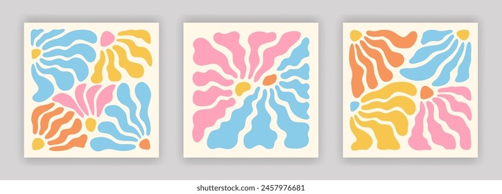Abstract simple colorful flower and leaf composition set. Contemporary art interior poster designs. Naive drawing EPS 10 vector background collection.