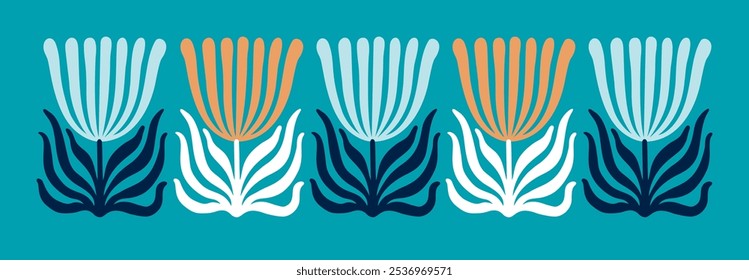 Abstract simple colorful flowers and leaves in a row border. Naive style drawing. EPS 10 vector illustration.