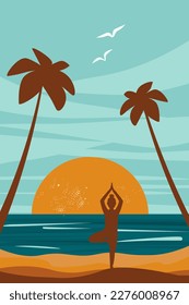 Abstract simple contemporary poster with palm trees, ocean, silhouette of a girl in asana position, woman doing yoga
 on the seashore. Vector graphics.