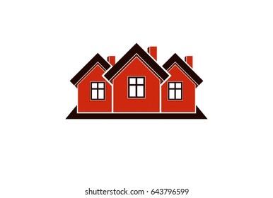 Abstract simple country houses vector illustration, homes image. Touristic and real estate idea, three cottages front view. Real estate business or property developer corporate theme.