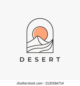 Abstract simple desert logo with line art style on white background, sun and desert logo