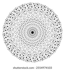 Abstract simple dotted minimalist black line spiral mandala design in white background.