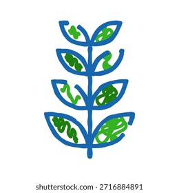 El Abstractas dibujo simple muestra un tallo azul con hojas estilizadas llenas de garabatos verdes, que representan la naturaleza y el crecimiento con una estética infantil y juguetona