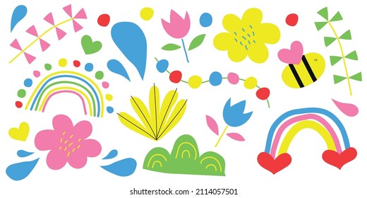 Abstract simple element: flower, rainbow, heart, bee. Funky vector Set. Floral design. Native art. Infantile style art. Colorful trendy illustration.