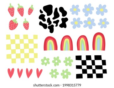 Abstract simple elements:  flowers, rainbows, strawberries, checkerboard, cow stain. Funky Vector Set. Floral design, Naive art, Infantile Style Art. Colorful trendy illustration.