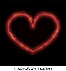 Abstract simple fire red heart on black background. Vector illustration.