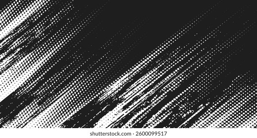 Abstract simple flat black halftone speed lines texture consists of different dots isolated on a transparent background. Geometric vector shape elements pattern for presentation design or banner