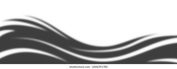 Abstract simple flat black and white halftone circles wavy texture consists of different dots isolated on white background. Geometric vector shape elements pattern for presentation design or banner