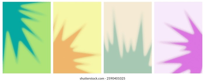 Abstract simple flat colorful halftone spiky star texture consists of different dots isolated on a pastel background. Geometric vector shape elements pattern for presentation design or banner