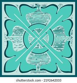 Abstract simple floral rosette in a square. Interior wall design. Geometric oriental arabesque leaf pattern fashion style. Traditional pottery for floor. Vector illustration graphic. Blue colors