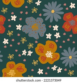 Abstract simple floral seamless pattern. Retro style trendy style flowers and leaves background. Hand drawn floral wallpaper. Vector