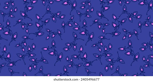 Abstract simple floral seamless pattern. Vector hand drawn sketch. Creative tiny branches and drops printing. Trendy vibrant blue background. Design for fashion, textile, fabric, wallpaper, surface de