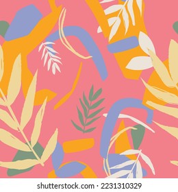 Abstract, simple, floral, seamless patterns. Colorful small and large, ditsy, flowers collection. Sketch flat drawing. Botanical collage in modern trendy style. Summer meadow flowers