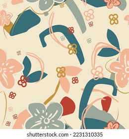 Resumen, sencillos, florales, sin costura. Colorida colección de flores, pequeña y grande. Esbozar plano. Collage botánico de estilo moderno y moderno. Flores de pradera de verano