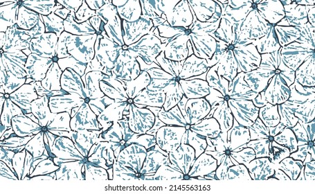 Abstract simple flower outline pattern. Seamless black and blue flower pattern on white background.