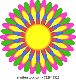 Abstract simple flower with red, yellow, blue, orange, pink, green petals